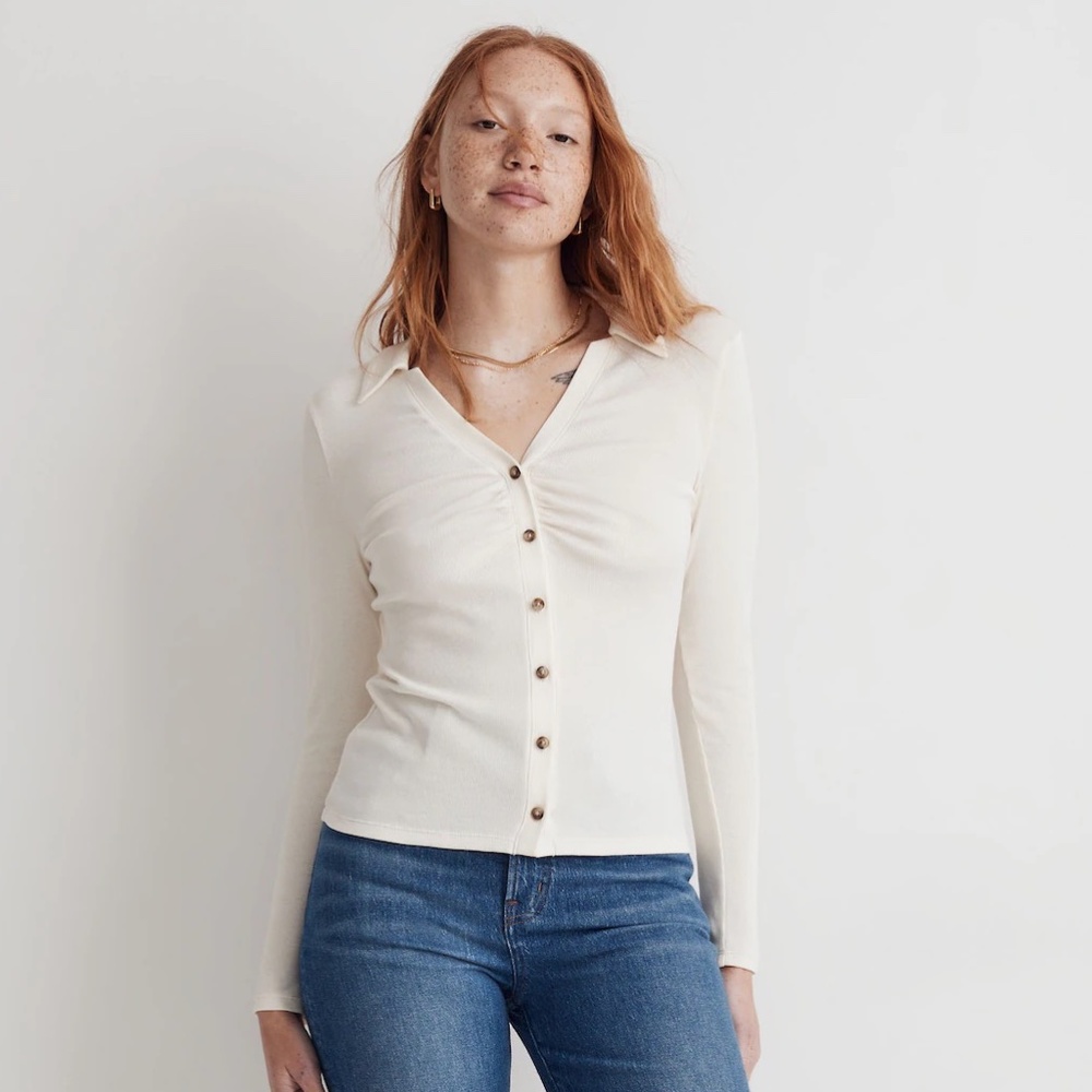 Madewell Ruched Polo Cardigan Button Down Ribbed Top - Antique Cream | Size S